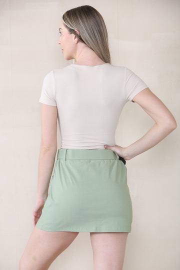 Versatile High Waist Flap Pockets Mini Skirt With Matching Belt